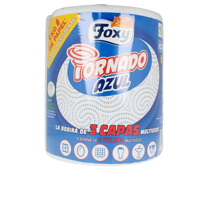 Foxy TORNADO AZUL Papel de Cocina Multiusos, Rollo de 1 kg, 3 Capas Extra Absorbente, Apto para Microondas y Contacto con Alimentos Foxy TORNADO AZUL Papel de Cocina Multiusos, Rollo de 1 kg, 3 Capas Extra Absorbente, Apto para Microondas y Contacto con Alimentos