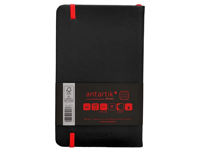 Antartik Cuaderno A6 Tapa Dura Hojas Cuadriculadas Negro y Rojo 100 Hojas 80 gr FSC