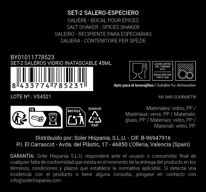 Inde Set 2 Saleros Vidrio Tapa Inatascable 45ml (24 Cajas)