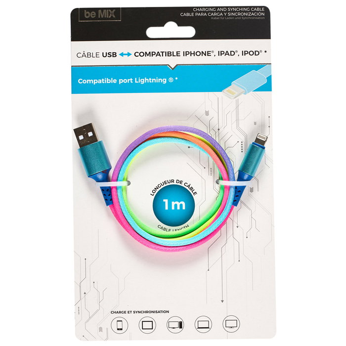 Be Mix Cable Iphone Autorizado USB 1 metro, Compatible con iPhone, iPod, iPad, Diseño Arcoíris, Cable con Funda de Tela Trenzada Be Mix Cable Iphone Autorizado USB 1 metro, Compatible con iPhone, iPod, iPad, Diseño Arcoíris, Cable con Funda de Tela Trenzada