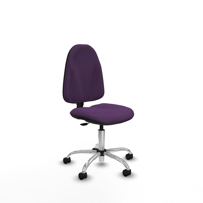 Silla de oficina Algarra con mecanismo Contacto permanente básico tapizada con Tela color Morado. Equipada con Base cromada, Sin brazos y Ruedas de nailon 50 mm Silla de oficina Algarra con mecanismo Contacto permanente básico tapizada con Tela color Morado. Equipada con Base cromada, Sin brazos y Ruedas de nailon 50 mm