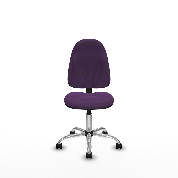 Silla de oficina Algarra con mecanismo Contacto permanente básico tapizada con Tela color Morado. Equipada con Base cromada, Sin brazos y Ruedas de nailon 50 mm Silla de oficina Algarra con mecanismo Contacto permanente básico tapizada con Tela color Morado. Equipada con Base cromada, Sin brazos y Ruedas de nailon 50 mm