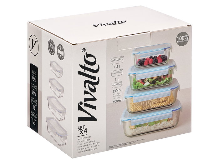 Vivalto Set de 4 Fiambreras Rectangulares de Borosilicato Vivalto Set de 4 Fiambreras Rectangulares de Borosilicato