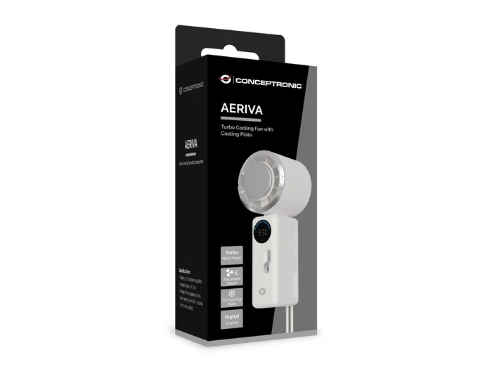 Conceptronic AERIVA03C Ventilador de mano con placa de enfriamiento y pantalla digital, Crema