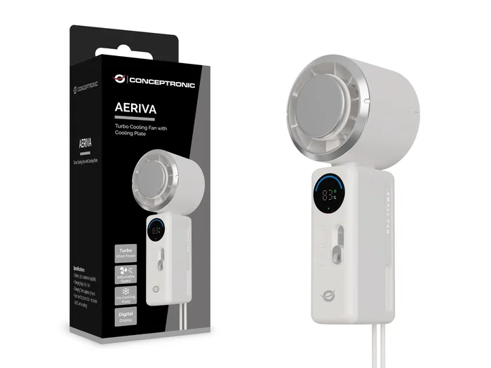 Conceptronic AERIVA03C Ventilador de mano con placa de enfriamiento y pantalla digital, Crema