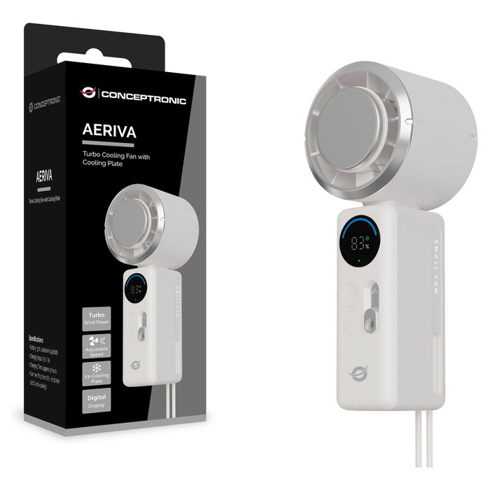 Conceptronic AERIVA03C Mini Ventilador Portátil con Placa de Enfriamiento y Pantalla Digital, Crema