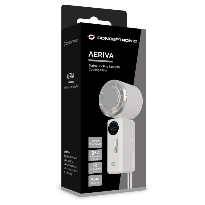 Conceptronic AERIVA03C Mini Ventilador Portátil con Placa de Enfriamiento y Pantalla Digital, Crema