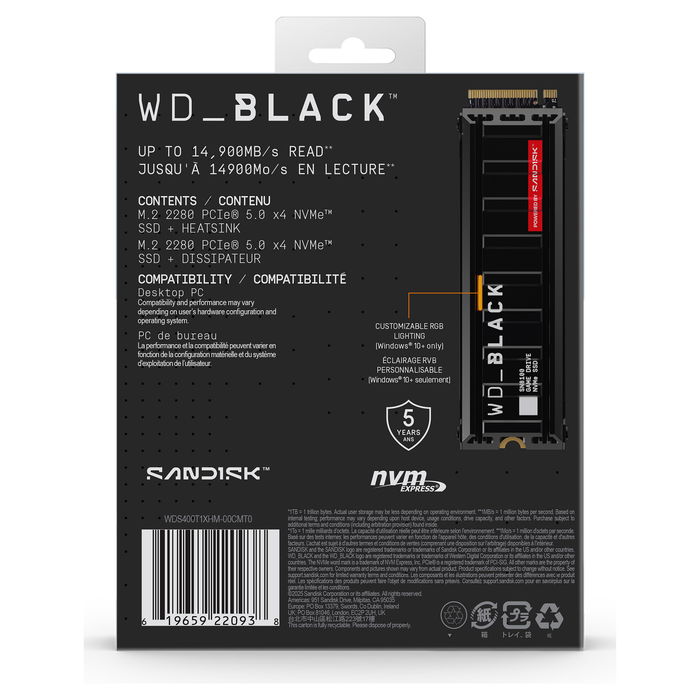 WD WD_BLACK SN8100 NVMe SSD 4TB M.2 2280 PCIe 5.0 con Disipador - Hasta 14900 MB/s - TLC 3D NAND WD WD_BLACK SN8100 NVMe SSD 4TB M.2 2280 PCIe 5.0 con Disipador - Hasta 14900 MB/s - TLC 3D NAND