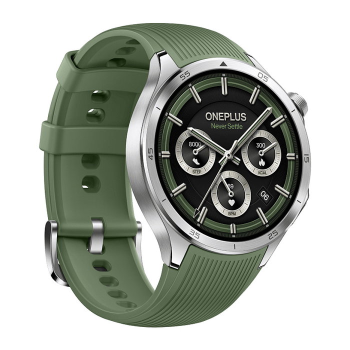 OnePlus Watch 3 46mm Reloj Inteligente GPS, Pantalla AMOLED 1.5" Táctil, Snapdragon W5, 32 GB, Acero Plata, Correa Verde