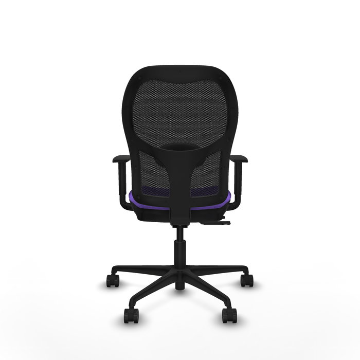 Silla de oficina Jorquera con mecanismo Sincro/Traslack tapizada con Tela color Lila y malla color Negro. Equipada con lumbar 1D, Brazos 1D y Ruedas 65mm nailon