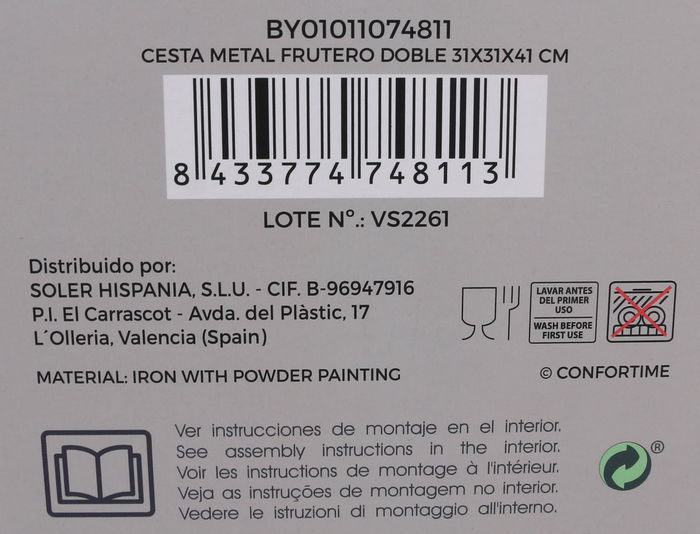 Confortime Cesta Metálica para Fruta, Doble, con Dimensiones 31.9 cm de Largo x 31.9 cm de Ancho x 41 cm de Alto (4 Unidades)