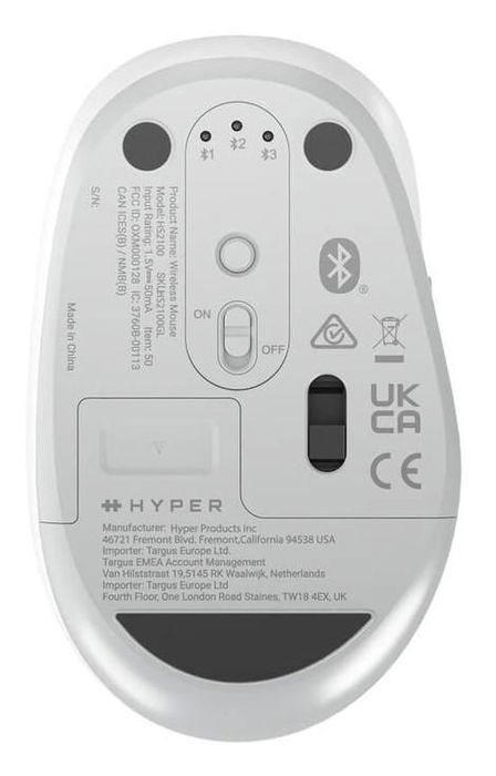 Hyper Mouse Bluetooth 5.0, 3 Dispositivos, DPI Ajustable, 1 x AA, Blanco/Gris