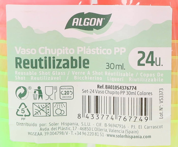 Algon Set 24 Vasos Chupito PP 30 ml Colores 4 cm ø (24 Unidades)