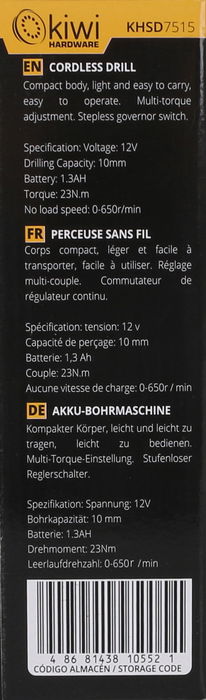 Kiwi Taladro Inalambrico 12V 13Ah 650Rpm con Dimensiones: 5.5 cm Ancho x 21 cm Alto x 19.5 cm Largo