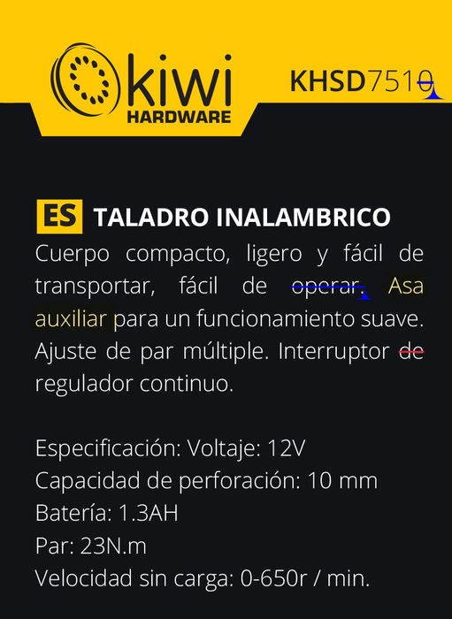 Kiwi Taladro Inalambrico 12V 13Ah 650Rpm con Dimensiones: 5.5 cm Ancho x 21 cm Alto x 19.5 cm Largo