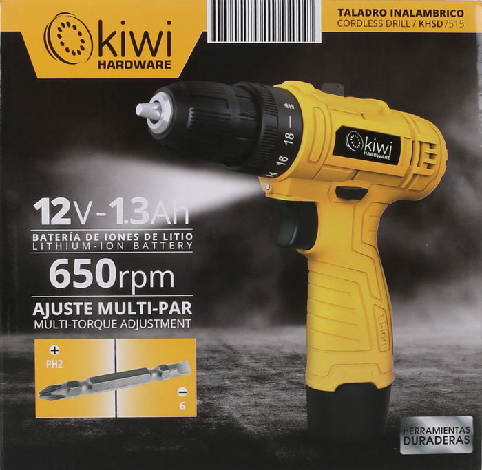 Kiwi Taladro Inalambrico 12V 13Ah 650Rpm con Dimensiones: 5.5 cm Ancho x 21 cm Alto x 19.5 cm Largo
