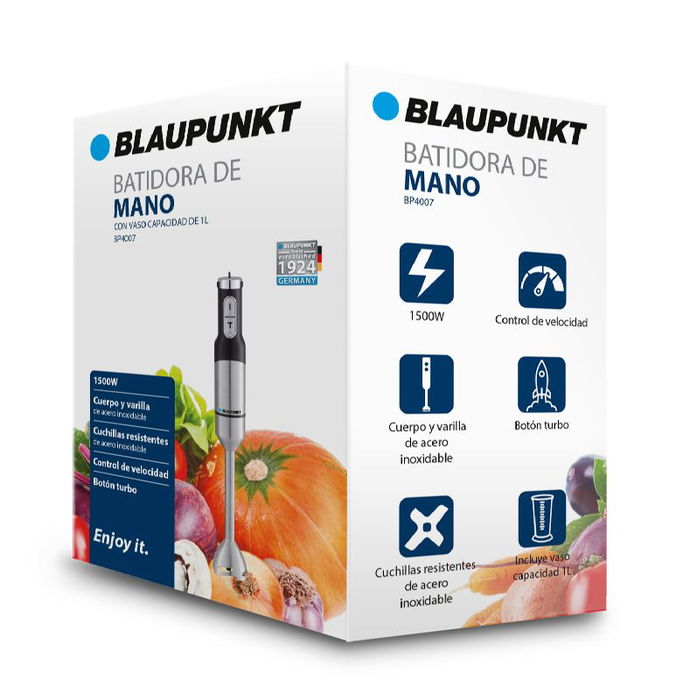 BLAUPUNKT Batidora de Varilla 1500W con Vaso de Acero Inoxidable, Selección de Velocidad y Botón Turbo