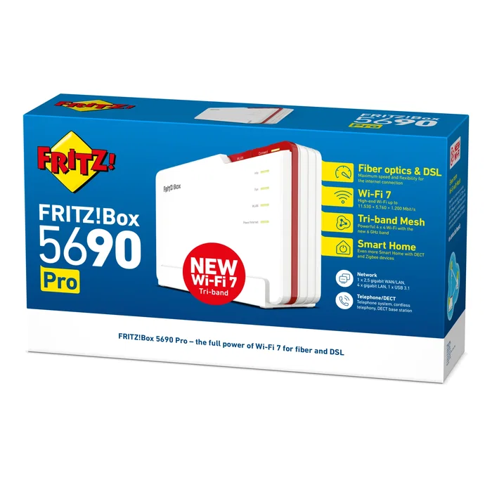 FRITZ!Box 5690 Pro Edition International Router Wi-Fi 7 Tribanda (2.4/5/6 GHz) 2.5Gb WAN 4xGb LAN DECT VoIP NAS Mesh Blanco
