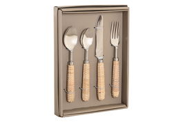 DKD Home Decor Cubertería Tropical Natural Plateado Inox Ratan 2 x 21 x 4.5 cm Set de 16 Piezas