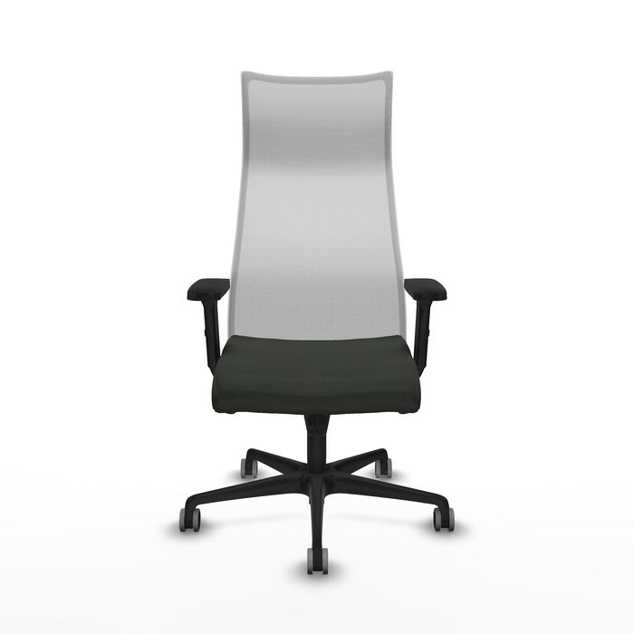 Sillón Albacete con mecanismo Sincro tapizada con Tela color Negro y malla color Blanco. Equipado con Base nailon negra, Brazos 2D y Ruedas 65 mm parqué