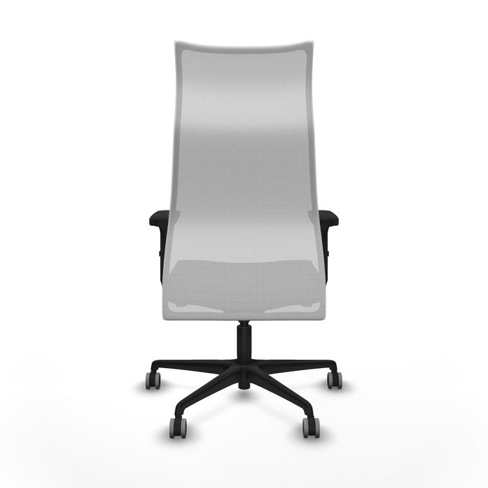 Sillón Albacete con mecanismo Sincro tapizada con Tela color Negro y malla color Blanco. Equipado con Base nailon negra, Brazos 2D y Ruedas 65 mm parqué