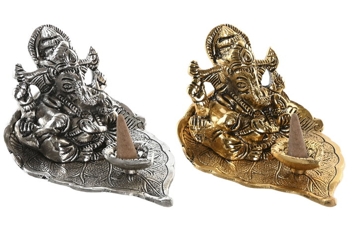 DKD Home Decor Soporte Incienso Dorado Plateado Aluminio Ganesha Varilla Cono 10 x 8 x 8 cm (4 Unidades)