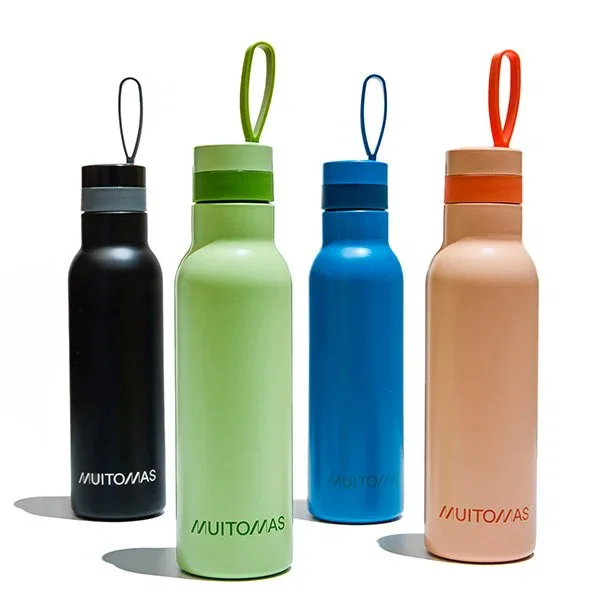 Muitomas WBOTTLELC500BK - Termo de acero inoxidable 500 ml, A prueba de fugas, Correa de silicona, Color negro