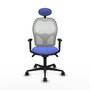 Silla de oficina Jorquera con mecanismo Sincro tapizada con Tela color Azul claro y malla color Blanco. Equipada con lumbar 1D, Brazos 1D, Cabecero Fijo y Ruedas 65mm nailon