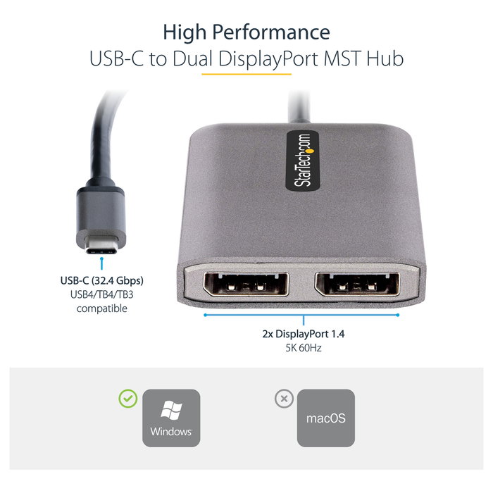 StarTech Adaptador USB-C a 2 Puertos DisplayPort 4K 60Hz MST MST14CD122DP StarTech Adaptador USB-C a 2 Puertos DisplayPort 4K 60Hz MST MST14CD122DP