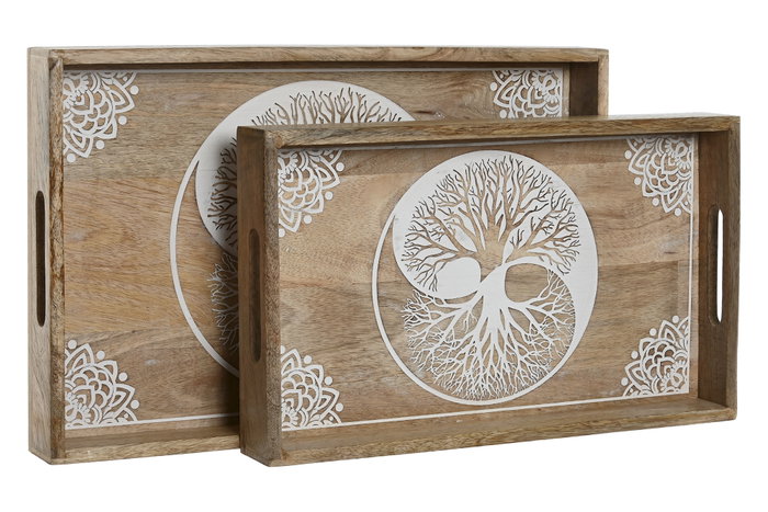DKD Home Decor Set de 2 Bandejas de Mango Árbol Decape Blanco y Natural