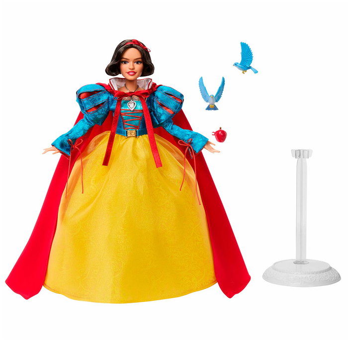 Mattel Disney Princess Muñeca Blancanieves Colección, Vestido Satinado con Capa Roja, Accesorios y Pajaritos, +6 años