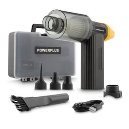 Powerplus Mini Soplador y Aspirador de 8V con Batería, Carga USB, 15.7 kPa, Filtro Lavable y Accesorios (Tubo, Adaptador, 4 Boquillas)