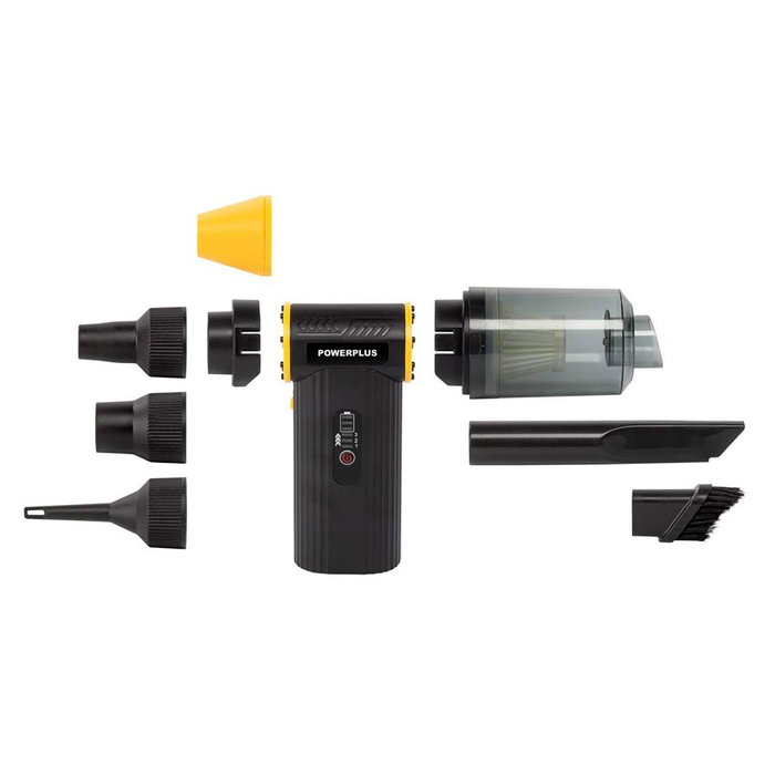 Powerplus Mini Soplador y Aspirador de 8V con Batería, Carga USB, 15.7 kPa, Filtro Lavable y Accesorios (Tubo, Adaptador, 4 Boquillas)