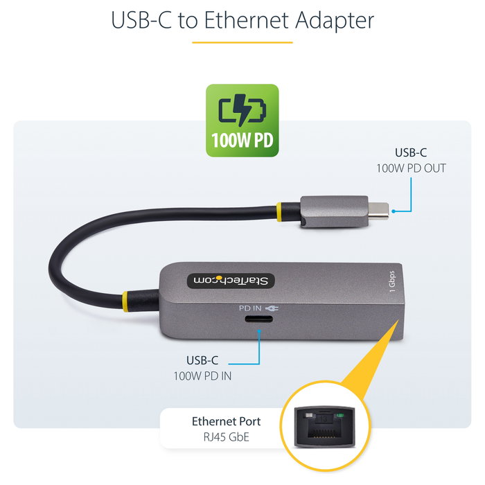 StarTech.com Adaptador de Red USB-C a Ethernet Gigabit, PD 100W, Gris