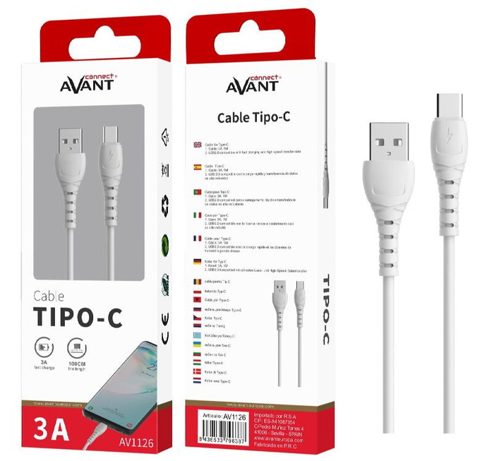 Avant Connect Cable USB Tipo C a USB 3A 1m Blanco Carga Rápida