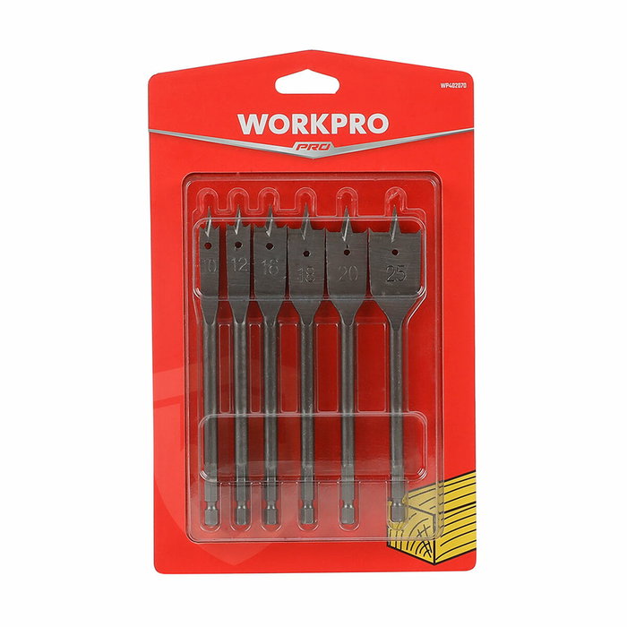 Workpro Juego de 6 Brocas de Pala para Madera en Acero al Carbono