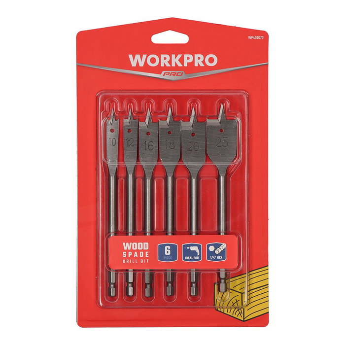 Workpro Juego de Brocas de Pala para Madera, Acero al Carbono, 6 Piezas, Vástago Hexagonal de Cambio Rápido 6 mm Workpro Juego de Brocas de Pala para Madera, Acero al Carbono, 6 Piezas, Vástago Hexagonal de Cambio Rápido 6 mm