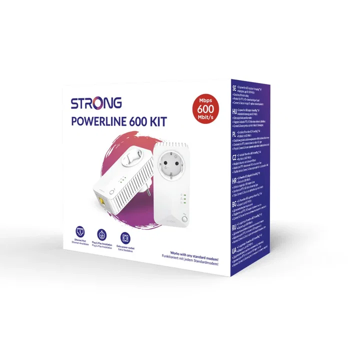 Strong Powerline 600 Duo Kit 2 adaptadores PLC, WiFi por cable 600 Mbit/s, puerto Gigabit Ethernet, blanco, compatibilidad HomePlug AV, 128-bit AES
