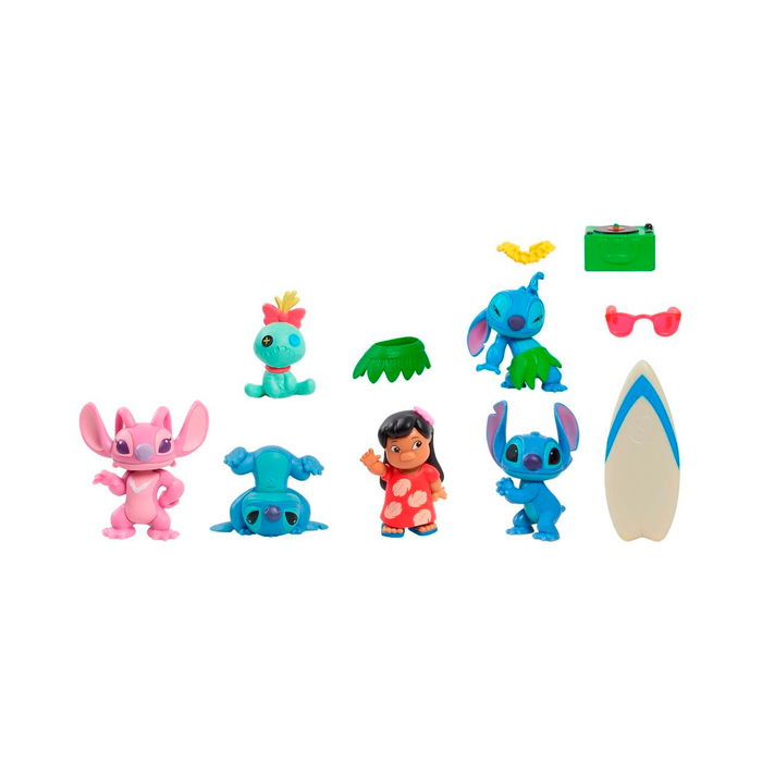 Just Play Disney 46112 - Set de 6 Figuras Coleccionables Stitch, Lilo & Scrump con 5 Accesorios como Tabla de Surf y Tocadiscos
