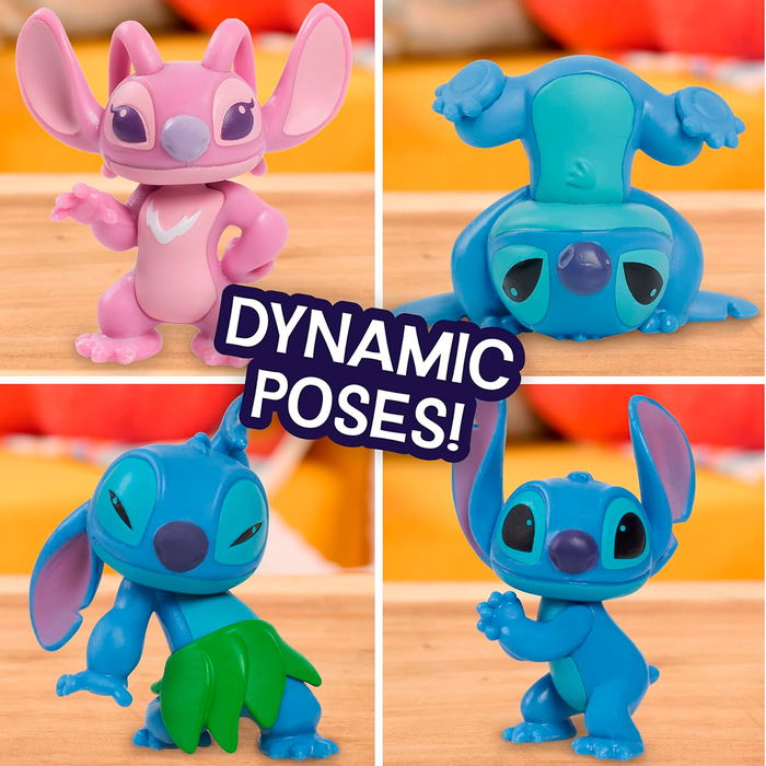 Just Play Disney 46112 - Set de 6 Figuras Coleccionables Stitch, Lilo & Scrump con 5 Accesorios como Tabla de Surf y Tocadiscos