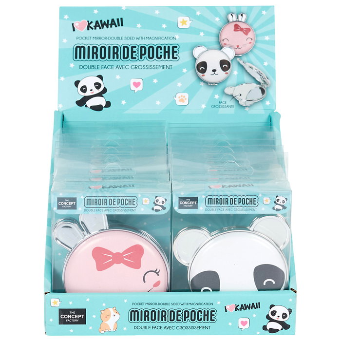 The Concept Factory 2 Espejos De Bolsillo Kawaii - Panda o Conejo (Surtido Aleatorio) - 1x Simple + 1x 3 Aumentos