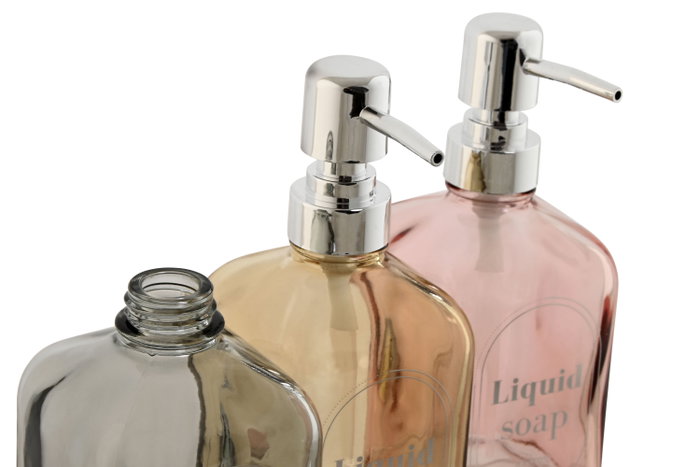 DKD Home Decor Set de 3 Dispensadores de Cristal y ABS de 450 ml, Colores Surtidos