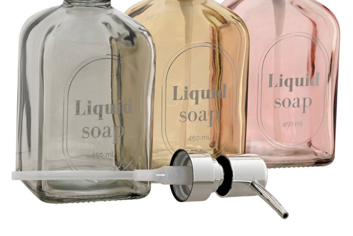 DKD Home Decor Set de 3 Dispensadores de Cristal y ABS de 450 ml, Colores Surtidos