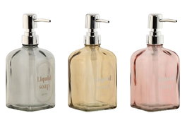 DKD Home Decor Set de 3 Dispensadores de Cristal y ABS de 450 ml, Colores Surtidos