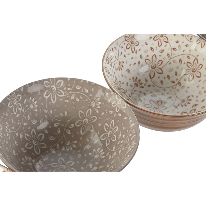 DKD Home Decor Set de 4 Cuencos de Porcelana Flores Beige DKD Home Decor Set de 4 Cuencos de Porcelana Flores Beige