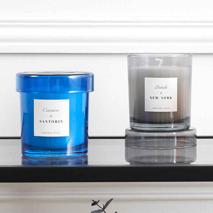 Home Deco Factory Vela Perfumada en Vaso con Tapa - 220g, 26h - Aromas Almizcle, Ámbar o Higo (Azul, Marrón, Gris), 9 cm altura