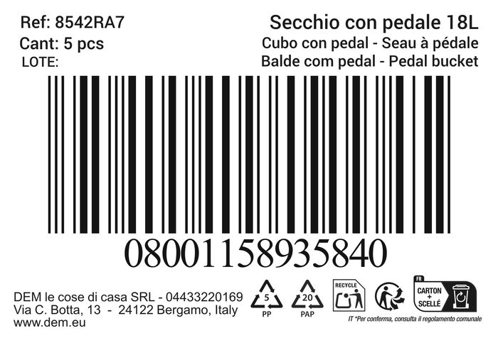 Inde Cubo Con Pedal 18L Ecoponto Tapa Blanca 23 cm x 36 cm x 30 cm (5 Unidades)