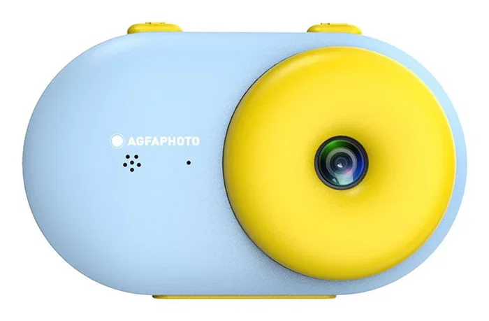AgfaPhoto ARKCWBL Cámara Digital Compacta 16 MP CMOS 1" para Niños, Resistente al Agua, HD 720p, Azul/Amarillo, Incluye Tarjeta MicroSD 8GB