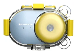 AgfaPhoto ARKCWBL Cámara Digital Compacta 16 MP CMOS 1" para Niños, Resistente al Agua, HD 720p, Azul/Amarillo, Incluye Tarjeta MicroSD 8GB