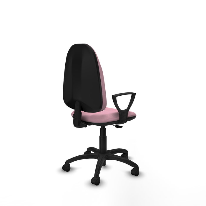 Silla de oficina Algarra con mecanismo Contacto permanente básico tapizada con Tela color Rosa. Equipada con Base poliamida negra, Brazos fijos y Ruedas de nailon 50 mm